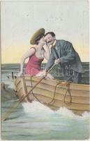 Romantic couple in a boat (small tear)