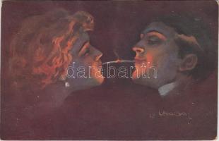 Olasz művészi képeslap romantikus párról, s: Usabal, Italian art postcard, Romantic couple, cigarette s: Usabal