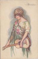 Olasz művészi képeslap, hölgy gitárral Anna & Gasparini 497-4. s: Busi, Italian art postcard, lady with guitar, Anna & Gasparini 497-4. s: Busi