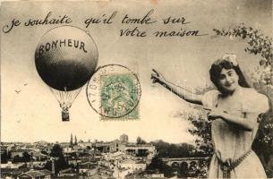 Je souhaite quil tombe sur votre maison; Bonheur / French greeting card, balloon (cut)