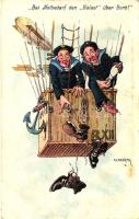 Bei Notbedarf den 'Balast' über Bord! / German mariners in a balloon, humour s: Dworak (wet corner)