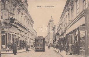 Pécs, Király utca, villamos, megállóhely, Molnár János, Balog György és Spiegel József üzlete, Hungária Biztosító