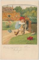 Little girl with dog, roosters, August Röckl Nr. 1447. s: Pauli Ebner (EK)