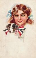 Lány kutyával, Art Deco művészlap PFB No. 3968/6. s: Usabal, Girl with puppy, Art Deco postcard PFB No. 3968/6. s: Usabal
