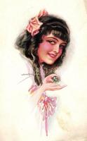 Fiatal lány, Art Deco képeslap Erkal No. 314/4. s: Usabal, Girl, Art Deco postcard Erkal No. 314/4. s: Usabal