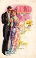 Szerelmespár, Art Deco képeslap Erkal No. 318/6. s: Usabal, Couple, Art Deco postcard Erkal No. 318/6. s: Usabal