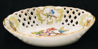 Herendi Viktória mintás áttört kosárka, kézzel festett, hibátlan, jelzett, 11x7x3 cm