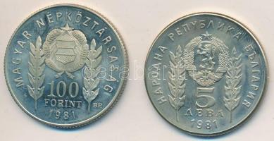 1981. 100Ft Cu-Ni + 5L Cu-Ni magyar-bolgár közös kiadás "Bulgária 1300 éves", eredeti tokban, tanúsítvánnyal T:PP ujjlenyomat