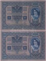 1902. 1000K (2x), egyik piros "MAGYARORSZÁG" körbélyegzővel, a másik piros "Deutschös...