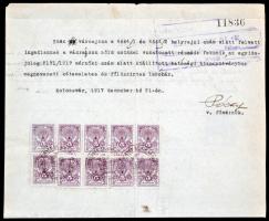 1917 Kolozsvári okmány 10 db 1913-as kiadású 1K okmánybélyeggel (250.000+++) / Document from Kolozsvár with 10 document stamps of the 1913 issue