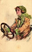 Driver lady, automobile; Art deco postcard