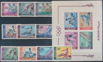 Tokyo Olympics, 1964 imperf. set + block, Tokiói olimpia, 1964 vágott sor + blokk