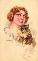 Art Deco postcard, lady with cat W.S.S.B. Serie 4691. s: Usabal