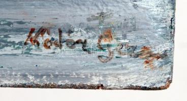 Nótár jelzéssel: Folyóparti táj, olaj, farost, felül kicsit meghajlott, 33×47 cm