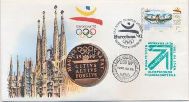 1992. Barcelona-magyar csapat emlékérem bélyeges borítékon, elsőnapi bélyegzéssel T:PP