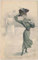 1906 Winter lady, snowman. H &amp; L. No. 212 (EK)