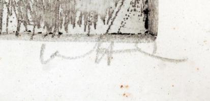 Olvashatatlan jelzéssel: Faárugyár, linó, papír, üvegezett fa keretben, 19,5×29 cm