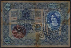 1902. 1000K piros "Magyarország" körbélyegző andráskereszttel + "Stempel wurde von..." német szöveggel (benne súlyos nyelvtani hibákkal!) felülnyomva! R! T:II foltos
