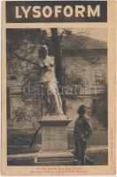 A béna Istennő és a béna félisten, a Képes Újság felvételei; hátoldalán Lysoform reklám / WWI military card, statue with soldier; Lysoform advertisement on the backside (EK)