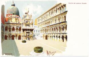 Venezia, Venice; Cortille del palazzo Ducale, litho, artist signed