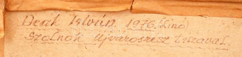 Deák István: Szolnok Újváros a Tiszával, linó, papír (körülvágva), üvegezett fa keretben, 14×23,5 cm