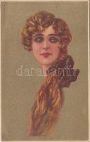 Gold Italian art postcard, lady, Anna & Gasparini 109-2., Arany Olasz művészi képeslap, Anna & Gasparini 109-2.
