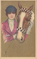 Gold Italian art postcard, Horse riding lady, Anna & Gasparini 116-1. (b)