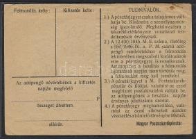 1946. Pénztárjegy 10.000Adópengő elöl "másra át nem ruházható" szöveg és sorozatszám hiány...