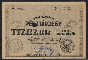 1946. Pénztárjegy 10.000Adópengő bélyegzővel, lyukasztással, teljes szöveggel, sorozatszámmal T:II