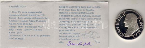 1991. "János Pál látogatása" Ag 31,1g díszdobozban, számozott tanúsítvánnyal T:PP Csak 2000db! R!