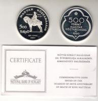 1990. 500Ft Ag + 500Ft Ag "Mátyás király" pár díszdobozban, tanúsítvánnyal T:PP
