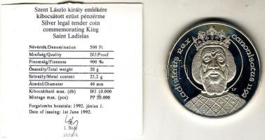 1992. 500Ft Ag "Szt.László" T:PP Eredeti díszdobozban, tanúsítvánnyal!