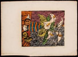 Réti Mátyás (1922-2002):. Kála virág. Színezett linó, papír, jelzés nélkül, szakadásokkal, 33×26 cm