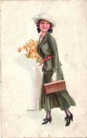 Italian art postcard, lady with flowers, Erkal Serie 316/3. s: Usabal (EK)