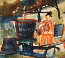 Tenk László (1943- ): Szüret előtt a tanyán, akvarell, papír, jelzett, üvegezett fa keretben, 28×38 ...