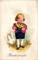 Easter, child with chickens, litho (fa)