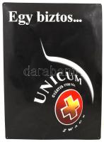 "Egy biztos... Unicum" Nagyméretű Unicum festett fémlemez reklámtábla, kis kopásnyomokkal, egyébként jó állapotban, 68,5×49 cm