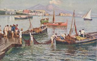 Naples, Napoli; Rotonda, Via Caracciolo / port, boats, fishermen