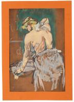 Henri Toulouse-Lautrec: Mosakodó akrt, akvarellel színezett heliogravűr, Henri Floury kiadása, Párizs, jelzett a heliogravűrön, paszpartuban, 25×17 cm