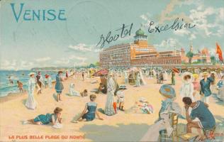 Venice, Venezia; Plus Belle Plage du Monde, Hotel Excelsion / beach, hotel litho, artist signed (EB)