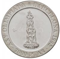Spanyolország 1990. 2000P Ag "1992 Olimpia - Ember piramis" eredeti fa díszdobozban, papír...