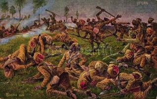 Kampf mit indischen Truppen (Gurkhas) bei Ypern / the battle of Ypern, artist signed
