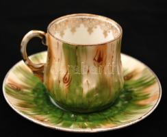 Fűmintás porcelán kávéskészlet: tálca + 4 db kávéscsésze + alj, jelzés nélkül, kopásnyomokkal, kis l...