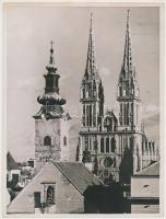 cca 1940 Jugoszlávia, Zágráb, Máriatemplom és a dóm, feliratozott városfotó, 24x18 cm / cca 1940 Yugoslavia, Zagreb, church, 24x18 cm