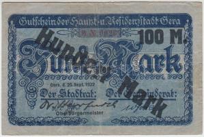 Németország / Weimari Köztársaság / Gera 1922. 5M szükségpénz, 100M felülnyomással T:III,III- Germany / Weimar Republic / Gera 1922. 5 Mark with 100 Mark overprint C:F,VG