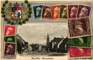 Neu-Ulm, Marienstrasse; Briefmarken Bayerns / set of Bavarian stamps, Emb.