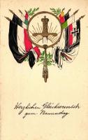 Namenstag / Name Day, Central powers military propaganda, flags; etching stlye postcard