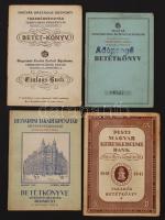 cca 1910-1940 4 db klf betétkönyv: Belvárosi Takarékpénztár, Pesti Magyar Kereskedelmi Bank, Magyar Országos Központi Takarékpénztár, Magyar Leszámitoló és Pénzváltó Bank.