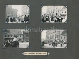 1932 Budapest, Szent István napi körmenet, az egyik felvételen Horthy Miklós látható az előtérben, családi fotóalbum két lapján 8 db korabeli fénykép, 6x9 cm, albumlap 20x27 cm