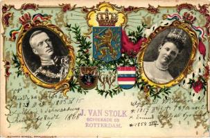 1901  Queen Wilhelmina, Prince Heinrich; wedding anniversary card, coat of arms, Emb. litho (EB)